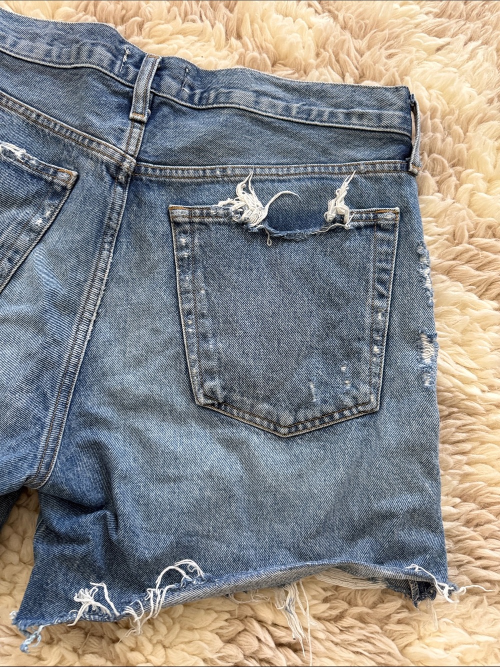 Agolde parker long Medium Blue Distressed High-Rise Denim Shorts - Picture 3 of 6